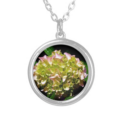 Green yellow pink Hydrangea pink yellow flower Silver Plated Necklace
