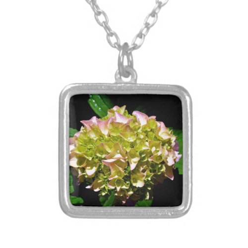Green yellow pink Hydrangea pink yellow flower Silver Plated Necklace