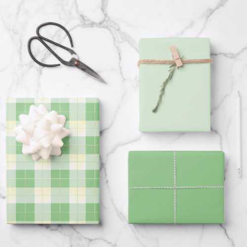 Green Yellow Plaid and Coordinated Shades of Green Wrapping Paper Sheets