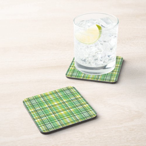 Green Yellow Plaid Design Beverage Coaster