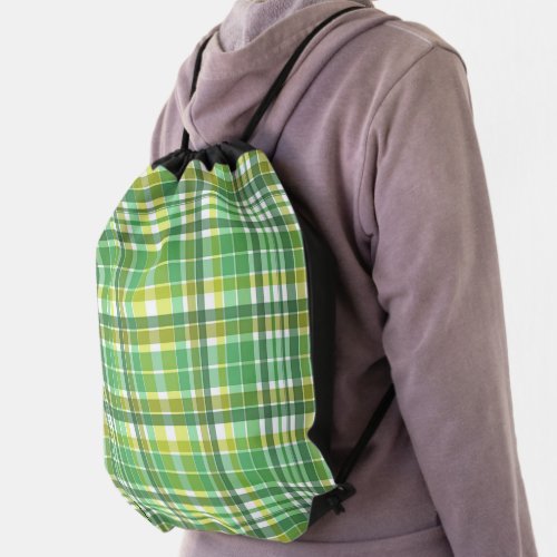 Green Yellow Plaid Design Drawstring Bag