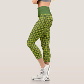 Green Yellow Plaid Pattern Tartan Checkered Trippy Capri Leggings