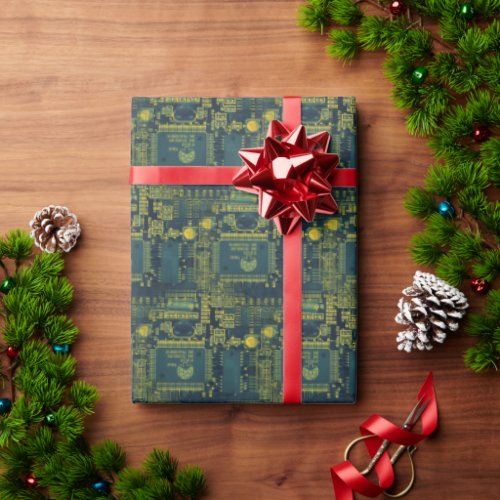 Green  Yellow Printed Circuit Pattern Cool Geeky Wrapping Paper