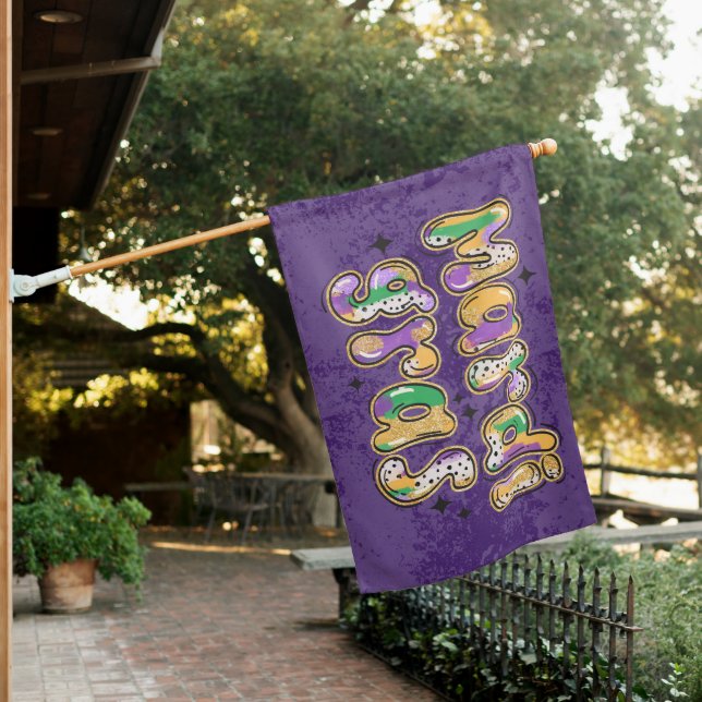 Green Yellow Purple Mardi Gras House Flag (In SItu)
