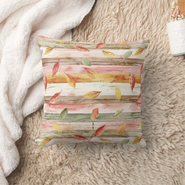 Green Yellow Red Pink Fall Leaves Stripes Throw Pillow (Blanket)