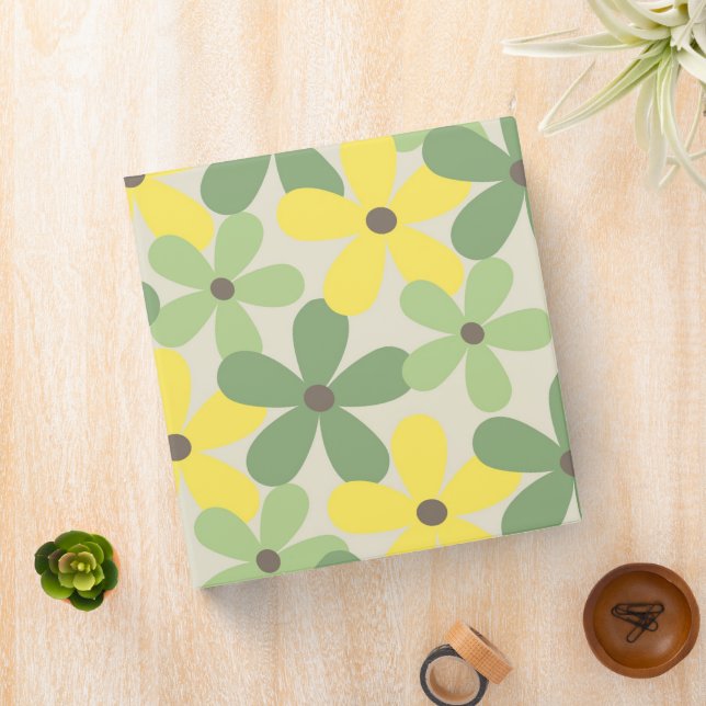 Green Yellow Retro Y2K 70s Flower Pattern 3 Ring Binder (In Situ)
