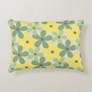 Green Yellow Retro Y2K 70s Flower Pattern Accent Pillow