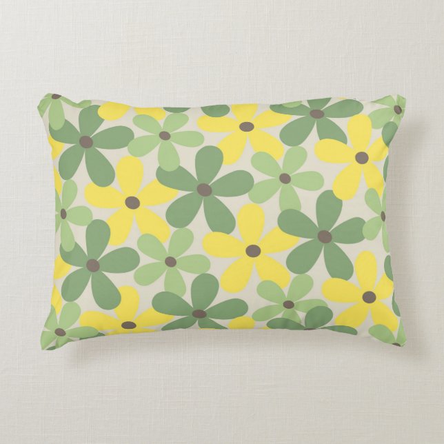 Green Yellow Retro Y2K 70s Flower Pattern Accent Pillow (Front)
