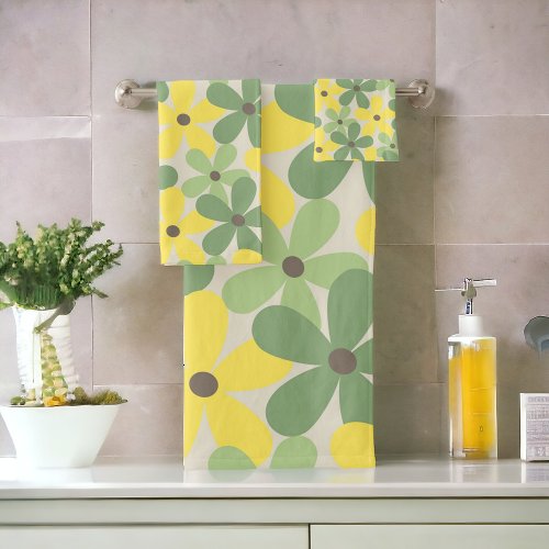 Green Yellow Retro Y2K 70s Flower Pattern Bath Towel Set