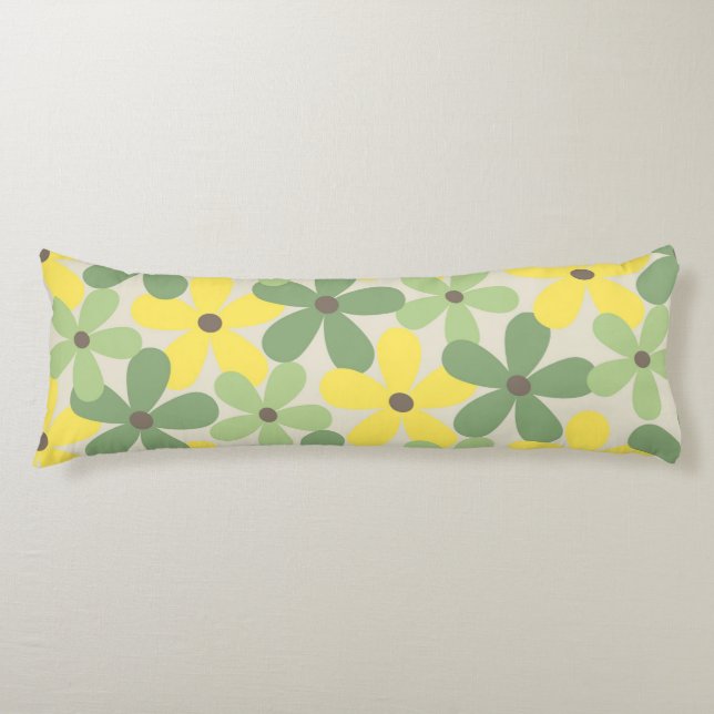 Green Yellow Retro Y2K 70s Flower Pattern Body Pillow (Front)
