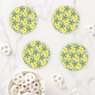 Green Yellow Retro Y2K 70s Flower Pattern Coaster Set