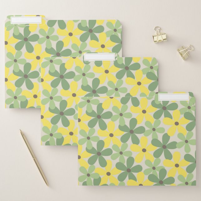 Green Yellow Retro Y2K 70s Flower Pattern File Folder (Set)