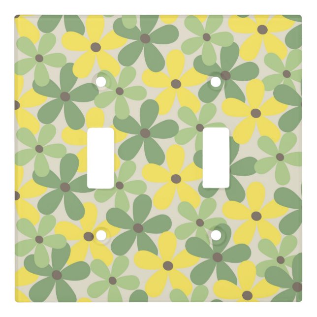 Green Yellow Retro Y2K 70s Flower Pattern Light Switch Cover (Front)