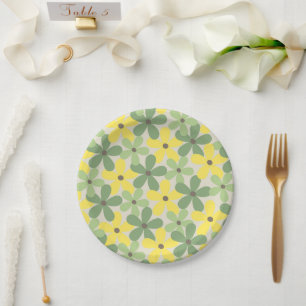 Green Yellow Retro Y2K 70s Flower Pattern Paper Plates