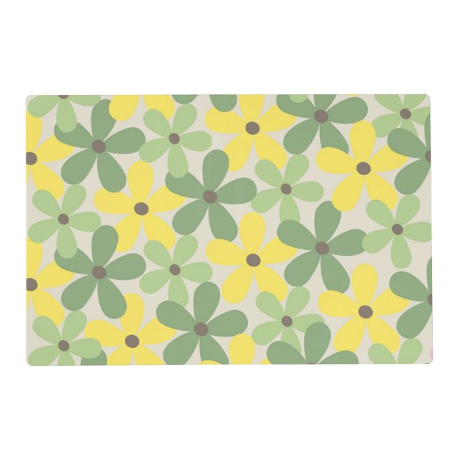 Green Yellow Retro Y2K 70s Flower Pattern Placemat (Front)