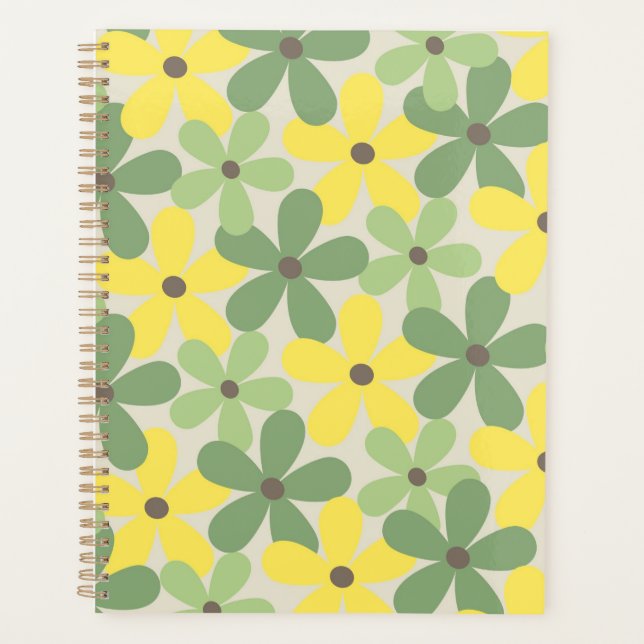 Green Yellow Retro Y2K 70s Flower Pattern Planner (Front)