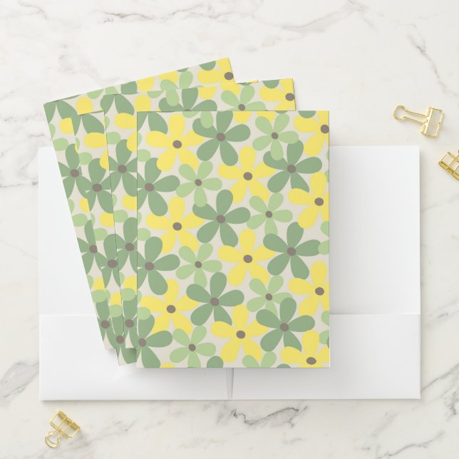 Green Yellow Retro Y2K 70s Flower Pattern Pocket Folder (In Situ)