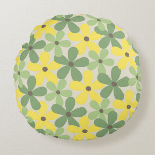 Green Yellow Retro Y2K 70s Flower Pattern Round Pillow