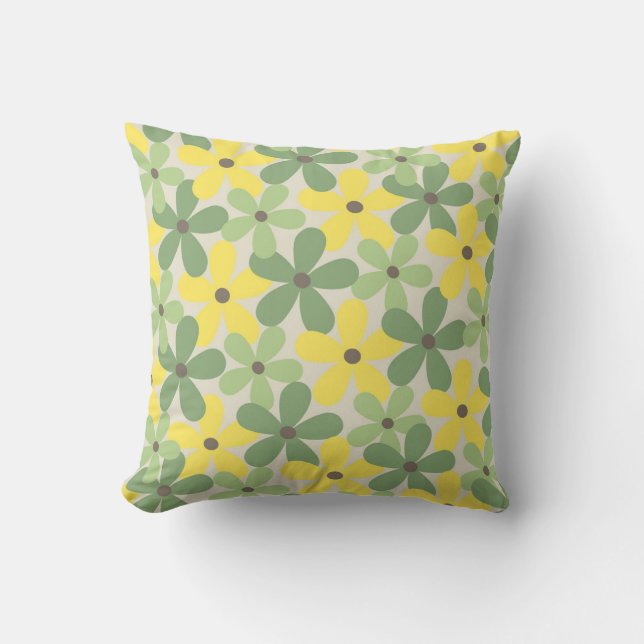 Green Yellow Retro Y2K 70s Flower Pattern Throw Pillow (Front)