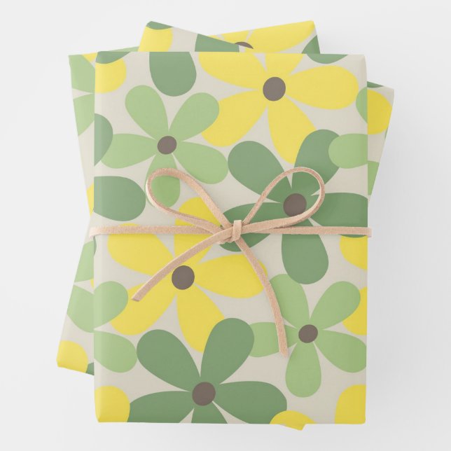Green Yellow Retro Y2K 70s Flower Pattern Wrapping Paper Sheets (In situ)