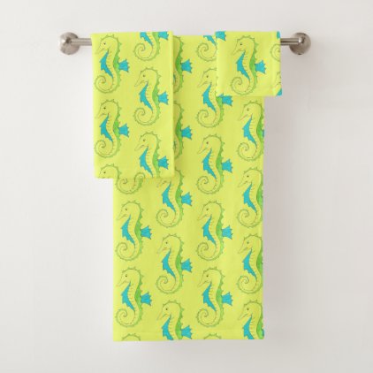Green Yellow Seahorse Sea Horse Beach Ocean Animal Bath Towel Set