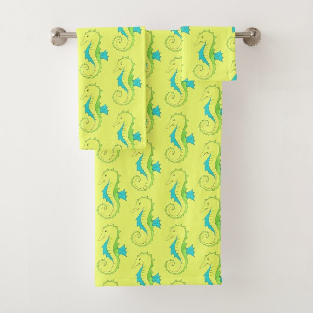 Green Yellow Seahorse Sea Horse Beach Ocean Animal Bath Towel Set (Insitu)