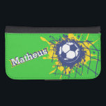 Green yellow soccer football goal named flap case<br><div class="desc">Bright yellow,  blue and green (Brazilian colors) football / soccer ball splatting in the back of the goal / net kids cell phone case. Ideal for Brazilian football or soccer fans,  personalize with your own name currently reads Matheus. Designed by Sarah Trett.</div>