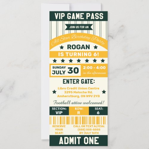  Green  Yellow Sport Themed Ticket Birthday Party Invitation