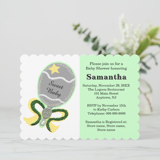 Green Yellow Sta Baby Shower Rattle Invitation (Standing Front)