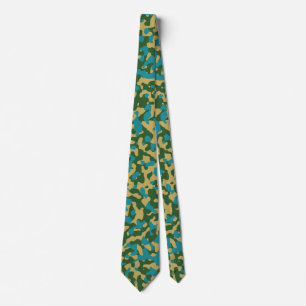 Green, Yellow, Teal Camouflage Camo Pattern Design Neck Tie