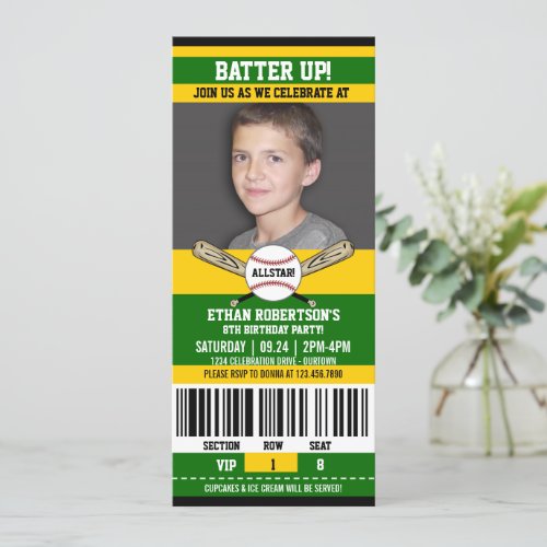 GreenYellow Ticket Style Baseball Birthday Party Invitation