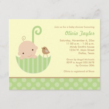 Green Yellow Umbrella Baby Shower Invitations by whimsydesigns at Zazzle