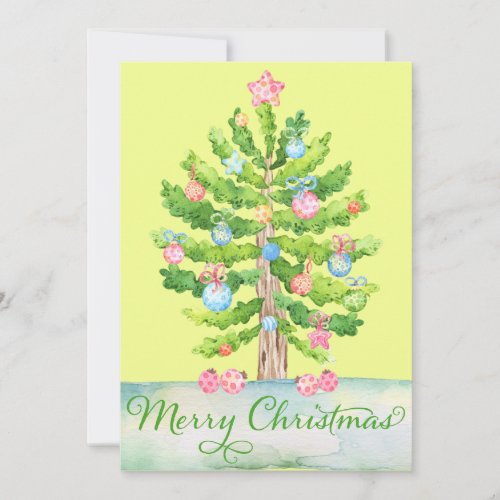 Green Yellow Watercolor Merry Christmas Tree Holiday Card
