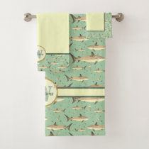 Green &amp; Yellow Watercolor Monogram Shark Life Sea Bath Towel Set