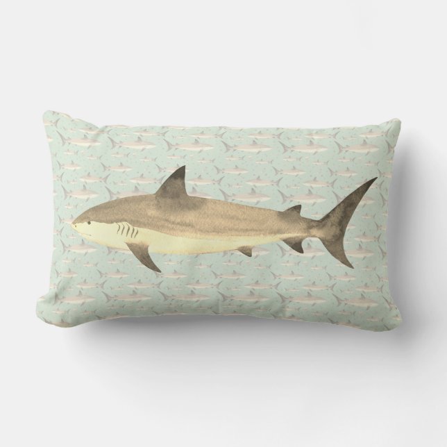 Green & Yellow Watercolor Monogram Shark Print Lumbar Pillow (Front)
