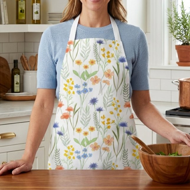 Green Yellow Watercolor Wildflower  Apron (Creator Uploaded)