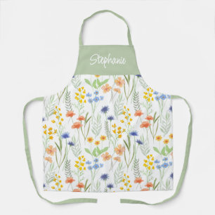 Green Yellow Watercolor Wildflower Custom Name Apron