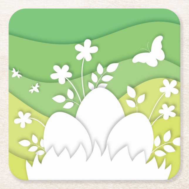 Green yellow waves easter eggs square paper coaster (Front)