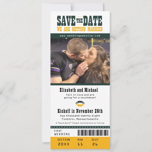 Green Yellow Wedding Save the Date Football Ticket