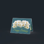Green Yellow White Daffodil Bouquet Happy Birthday Card<br><div class="desc">Beautiful bouquet featuring white daffodils with yellow centers set against an aqua green color background. The yellow color greeting text uses an attractive script typography font. The flowers cover the front of this card which can be used as a holiday card, a thank you card, a birthday card, or any...</div>