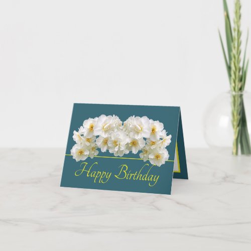 Green Yellow White Daffodil Bouquet Happy Birthday Card