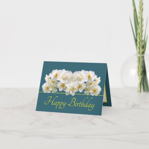 Green Yellow White Daffodil Bouquet Happy Birthday Card