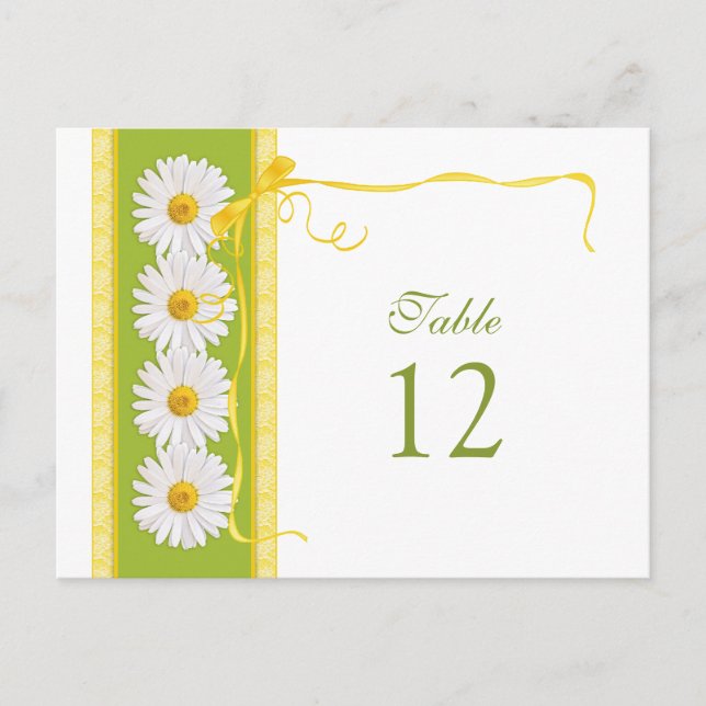 Green Yellow White Daisy Wedding Table Number Card (Front)