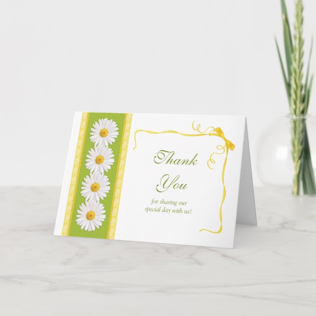 Green Yellow White Daisy Wedding Thank You Card (Front)