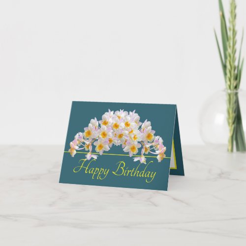 Green Yellow White Orchid Bouquet Happy Birthday Card