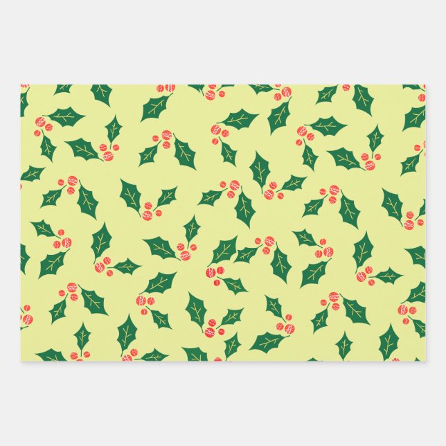 Green Yellow White Red Mistletoe Pattern Wrapping Paper Sheets (Front)