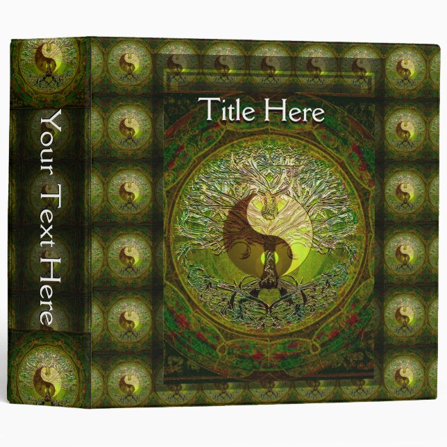 Green Yin Yang Mandala with Tree of Life 3 Ring Binder (Front/Spine)