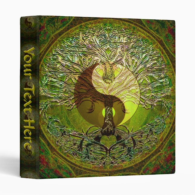 Green Yin Yang Mandala with Tree of Life 3 Ring Binder (Front/Spine)