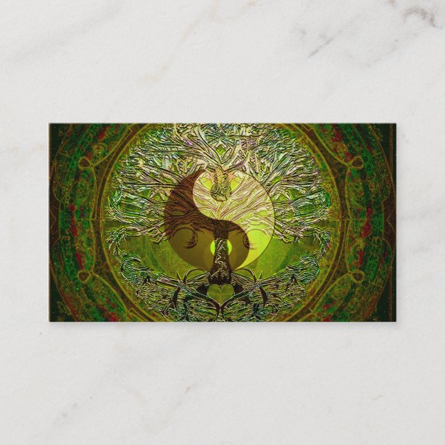 Green Yin Yang Mandala with Tree of Life Business Card (Front)