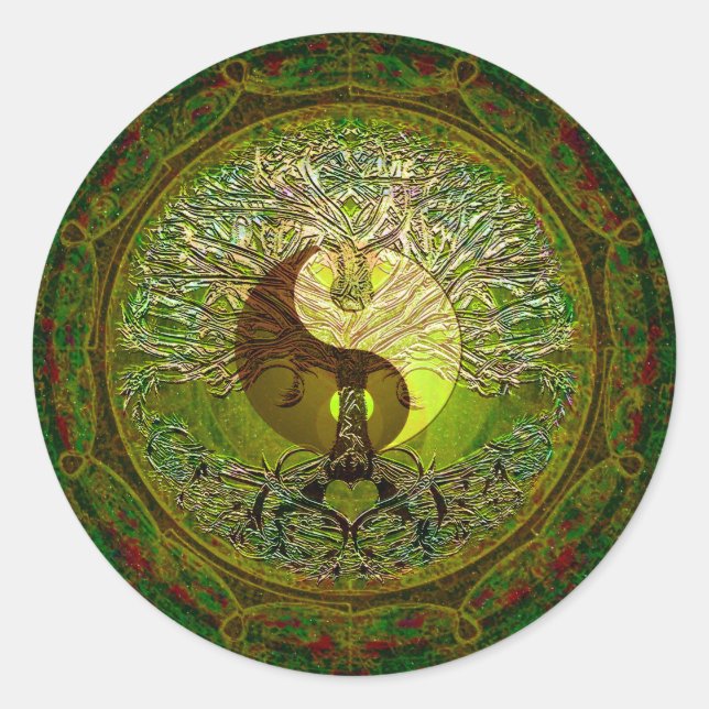 Green Yin Yang Mandala with Tree of Life Classic Round Sticker (Front)